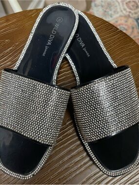 Wild Diva Black Crystal Embellished Slide Mules